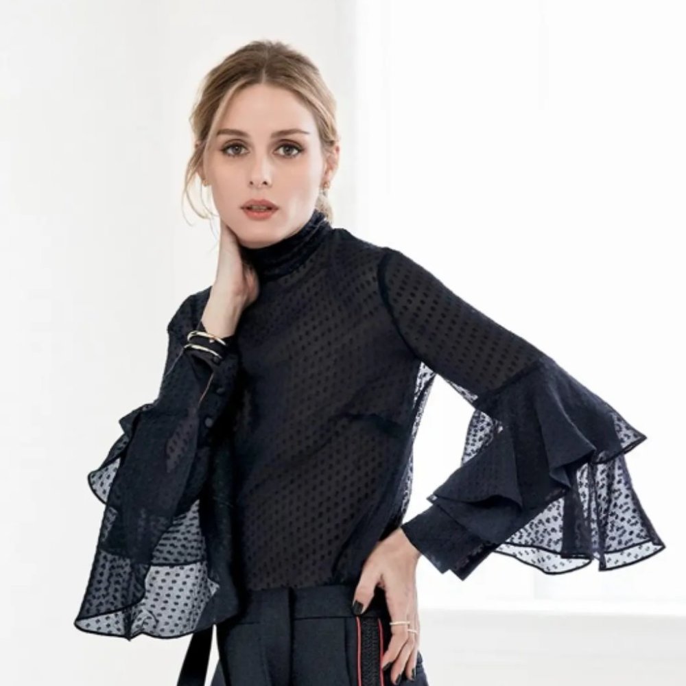 Chelsea 28 Olivia Palermo Navy Polka Dot Tiered Sleeve 100% Silk Top
